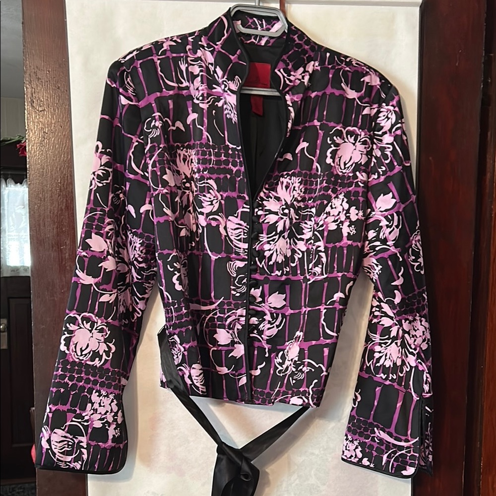 JS Collections Pink and Black Blazer with Floral Design, size 16